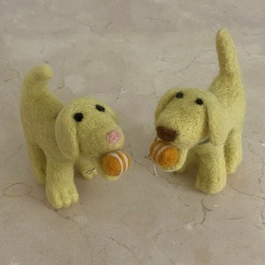 Felted Wool Yellow Lab "Maisie" w BROWN or PINK Nose & Tennis Ball Ornament-felted-needle felted-felted lab-lab ornament-felt ornament-labs