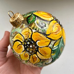 Ukrainian hand-painted Christmas ornaments, Ukrainian Sunflower glass ball yellow blue ornament, hand blown Ukraine New Year's decor