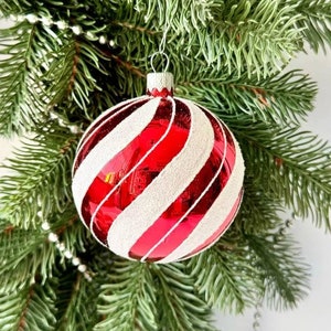 Red White Hand-painted glass Christmas ornament, Xmas tree decoration, Red glass Christmas ball, Christmas gift
