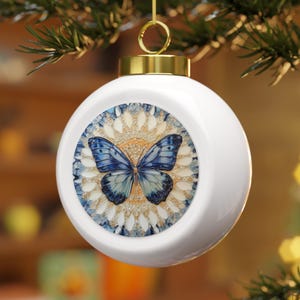 Mosaic Butterfly Christmas Ball Ornament: Blue & Yellow Ceramic, Vintage Style