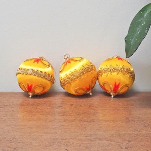 Vintage Yellow Satin Christmas Ornaments: Set of 3 Gold Decorative Balls