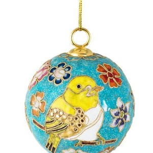 Value arts Handmade Cloisonne Teal Blue Yellow Bird Ball Ornament