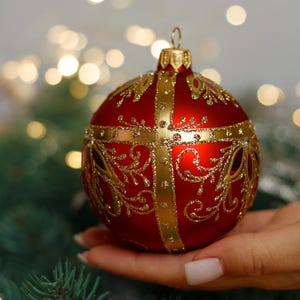 Red with pattern Christmas glass Ball, Glitter Xmas Ornaments, Blown Christmas decor, Handmade Paited Christmas glass Baubles, Gift 2025