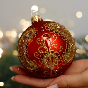 Red with pattern Christmas glass Ball, Glitter Xmas Ornaments, Blown Christmas decor, Handmade Paited Christmas glass Baubles, Gift 2025