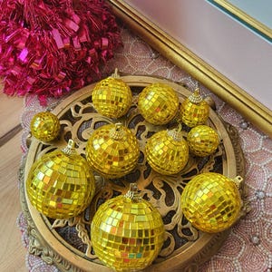Vintage Mirror Disco Yellow Christmas Ball Ornaments 3 Different Sizes Set of 10