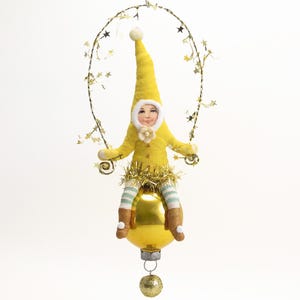 Spun Cotton Yellow Tinsel Elf On Glass Ball Christmas Ornament