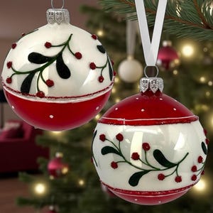 Branches and Berries Blown Glass Ornaments - Set of 2 European Mouth-Blown Bauble Ball Holiday Christmas Tree Decoration Red White Mistletoe