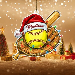 Personalized Softball Ornament 2025, Custom Name Yellow Ball Santa Hat, Sports Christmas Gift for Her, Softball Mom Player Keepsake