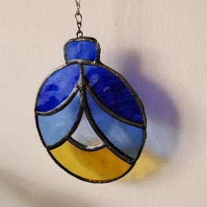 Stained Glass Christmas Ornament Blue Ball – Handmade Suncatcher in Blue & Aqua with Clear Center and Yellow Stripe, Unique Holiday Decor
