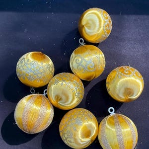 Vintage 1960’s Gold Yellow Glittered Satin Silk Christmas Ball Ornaments Vintage in Box by COBY -S1