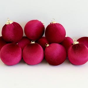Flocked Christmas Ornaments: Cherry Red, Burgundy Colors- 12 pcs Elegance Holiday Decor