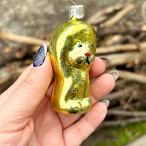 Vintage USSR Glass Christmas Ornament – Yellow Lion Puppy Figurine, Hand-Painted USSR Animal Bauble, 85mm Retro Holiday Decoration